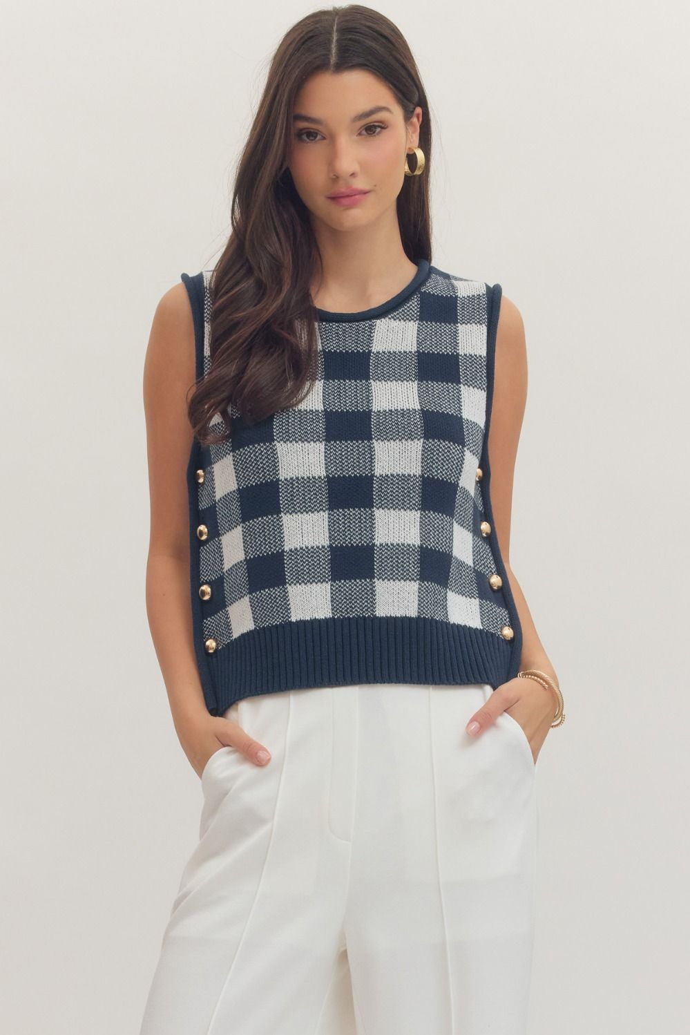 Navy Plaid Side Button Sweater