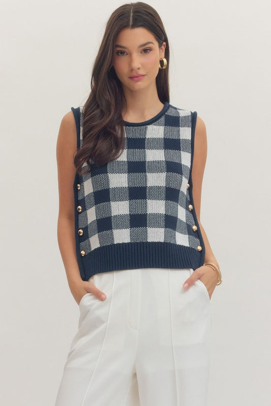 Navy Plaid Side Button Sweater