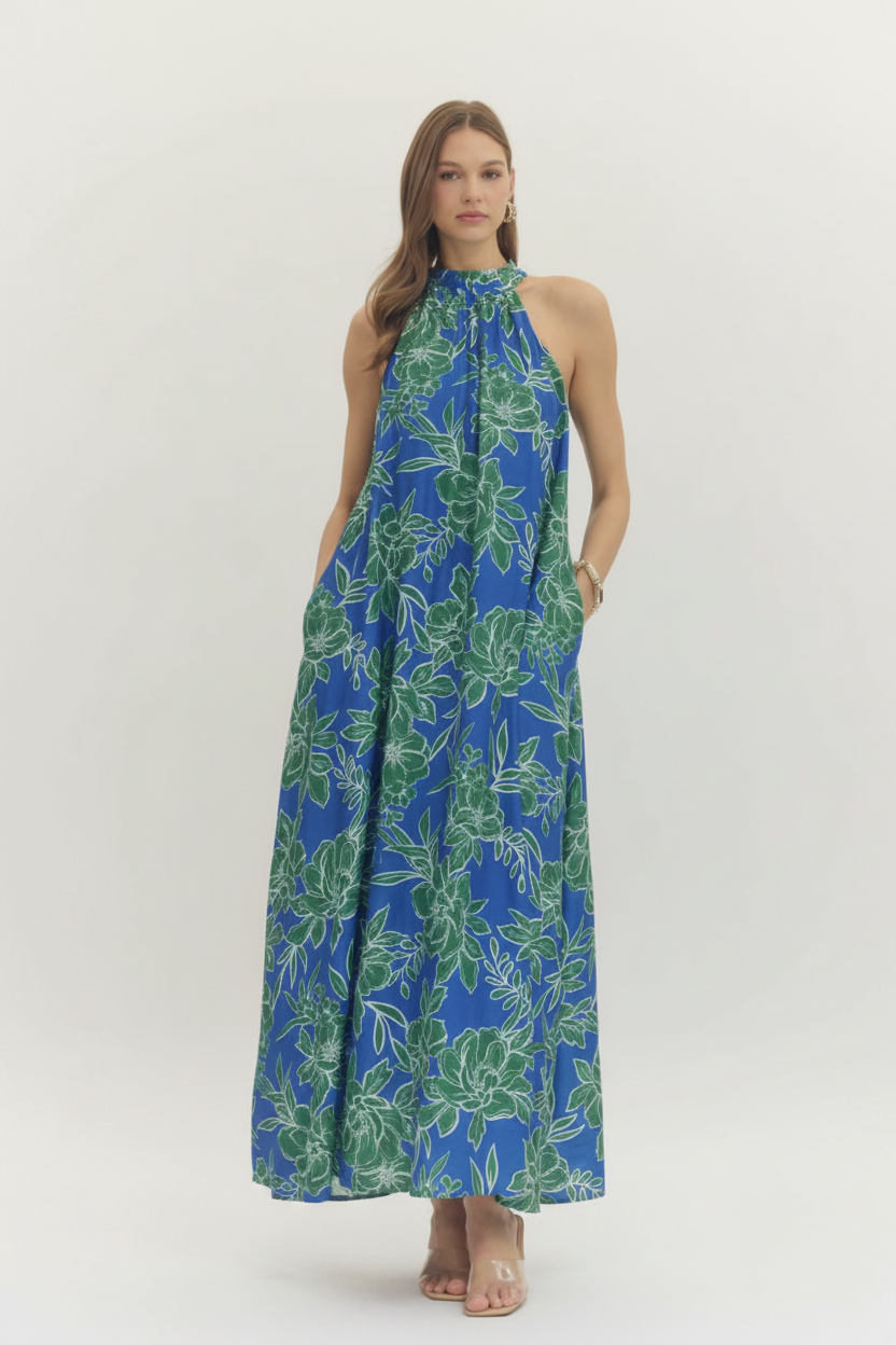 Halter Neck Royal Garden Maxi Dress