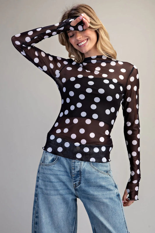 Polka Dot Mesh Long Sleeve Top