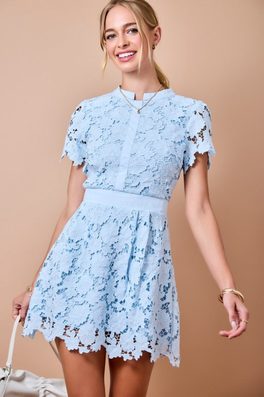 Powder Blue Floral Lace Mini Dress