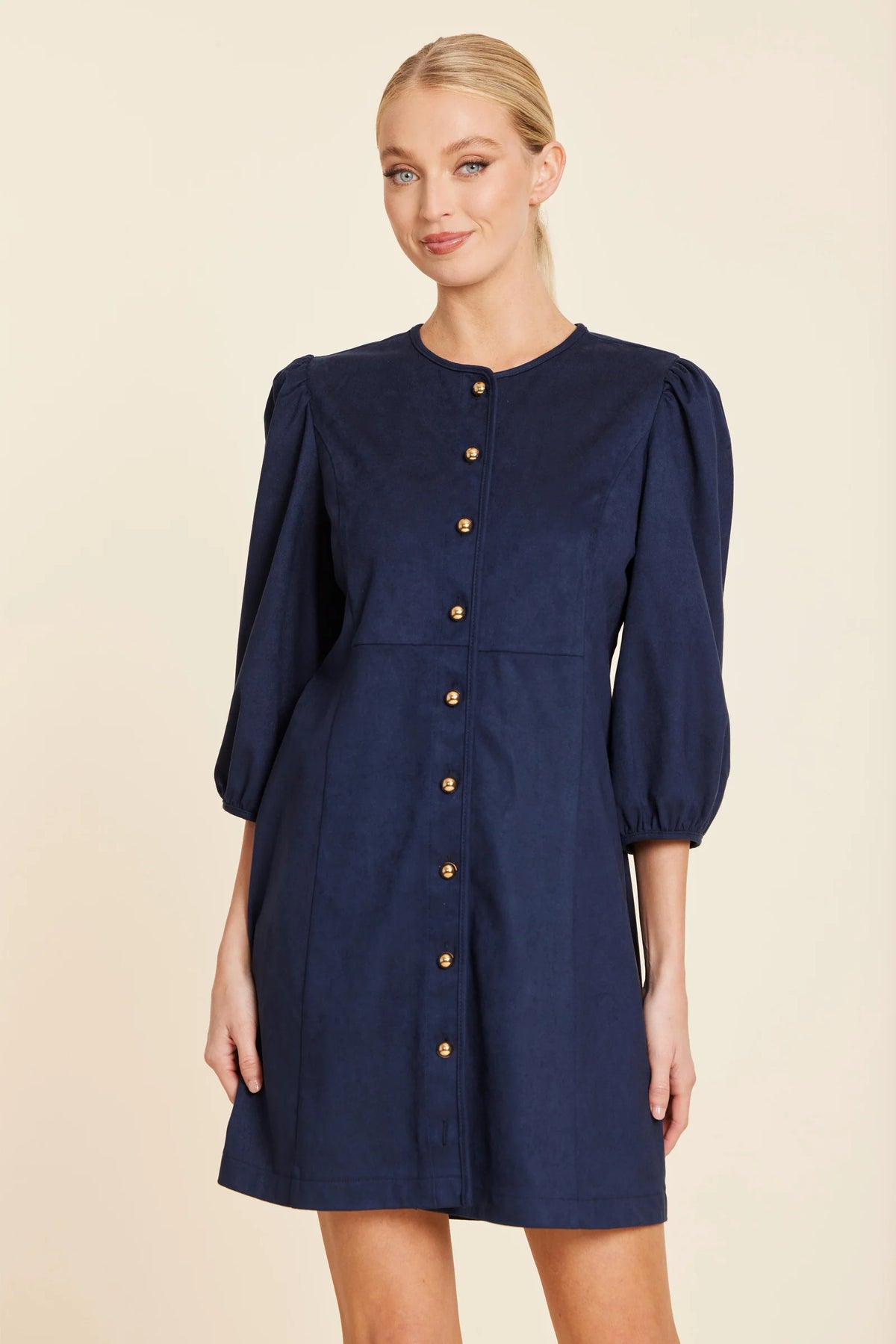 Navy Faux Suede Gold Button Dress