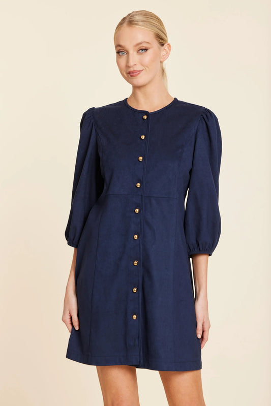 Navy Faux Suede Gold Button Dress