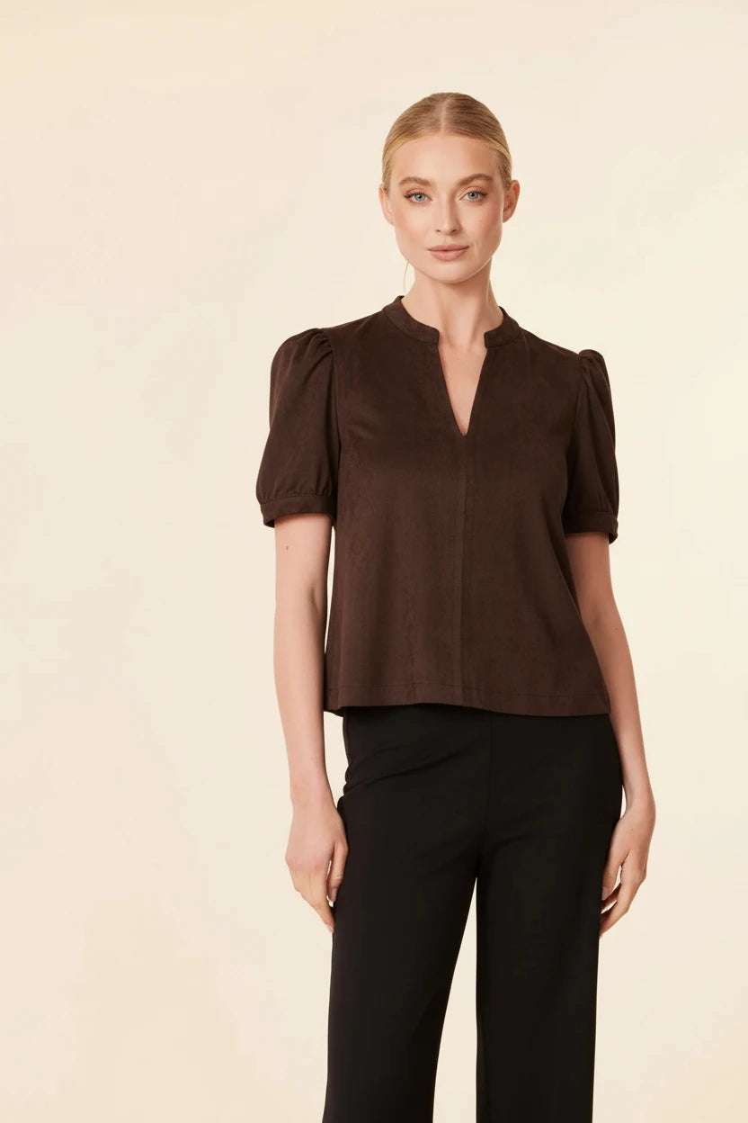 Faux Suede Short Sleeve Blouse