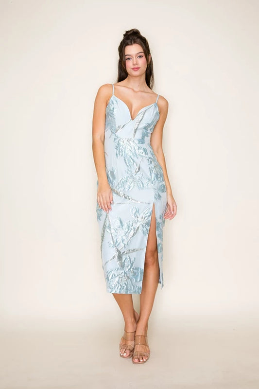 Blue Jacquard Bodycon Midi Dress With Gold Accents