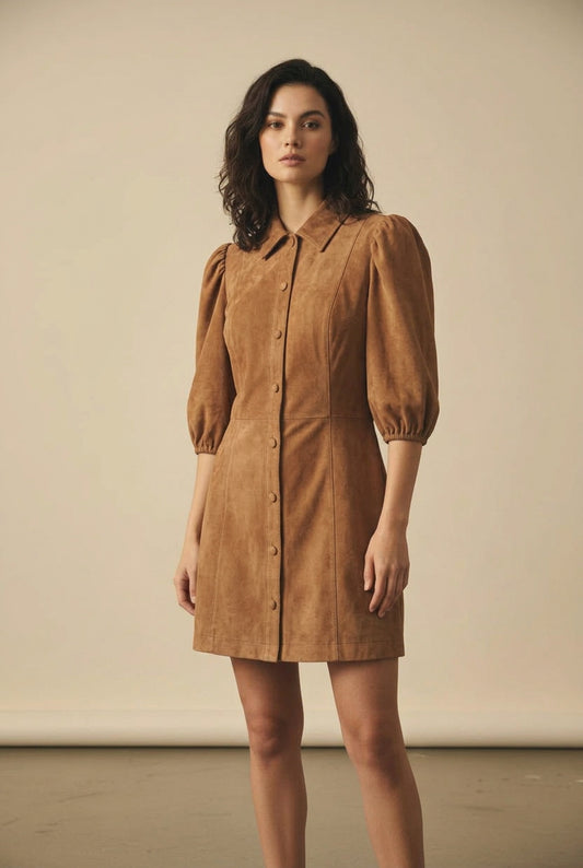 Tobacco Faux Suede Puff Shoulder Dress