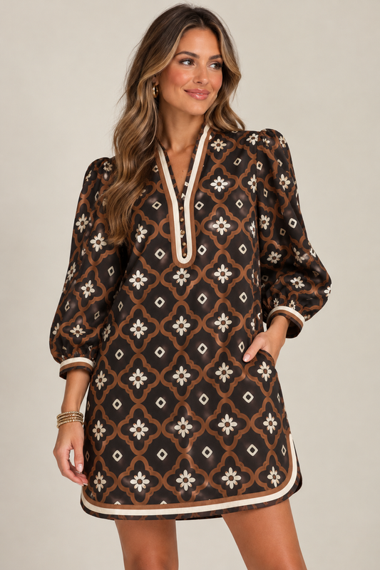 Brown Tile Puff Sleeve Mini Dress