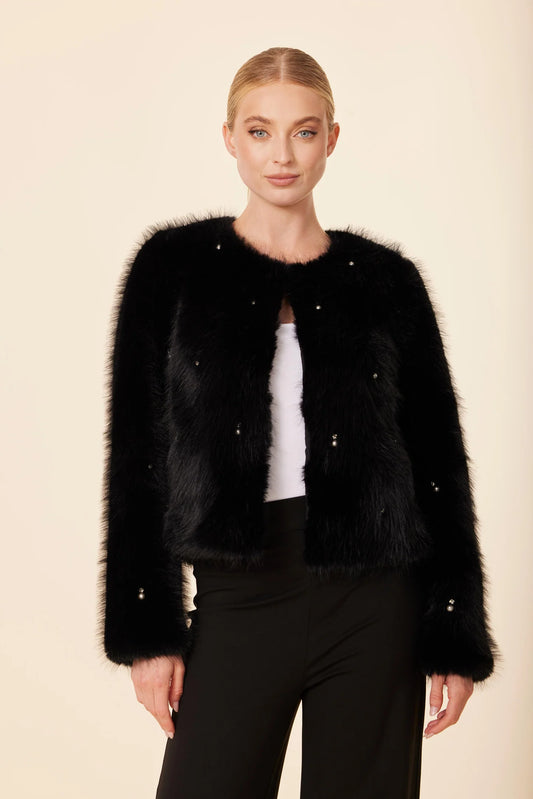 Embellished Rhinestone Faux Fur Jacket