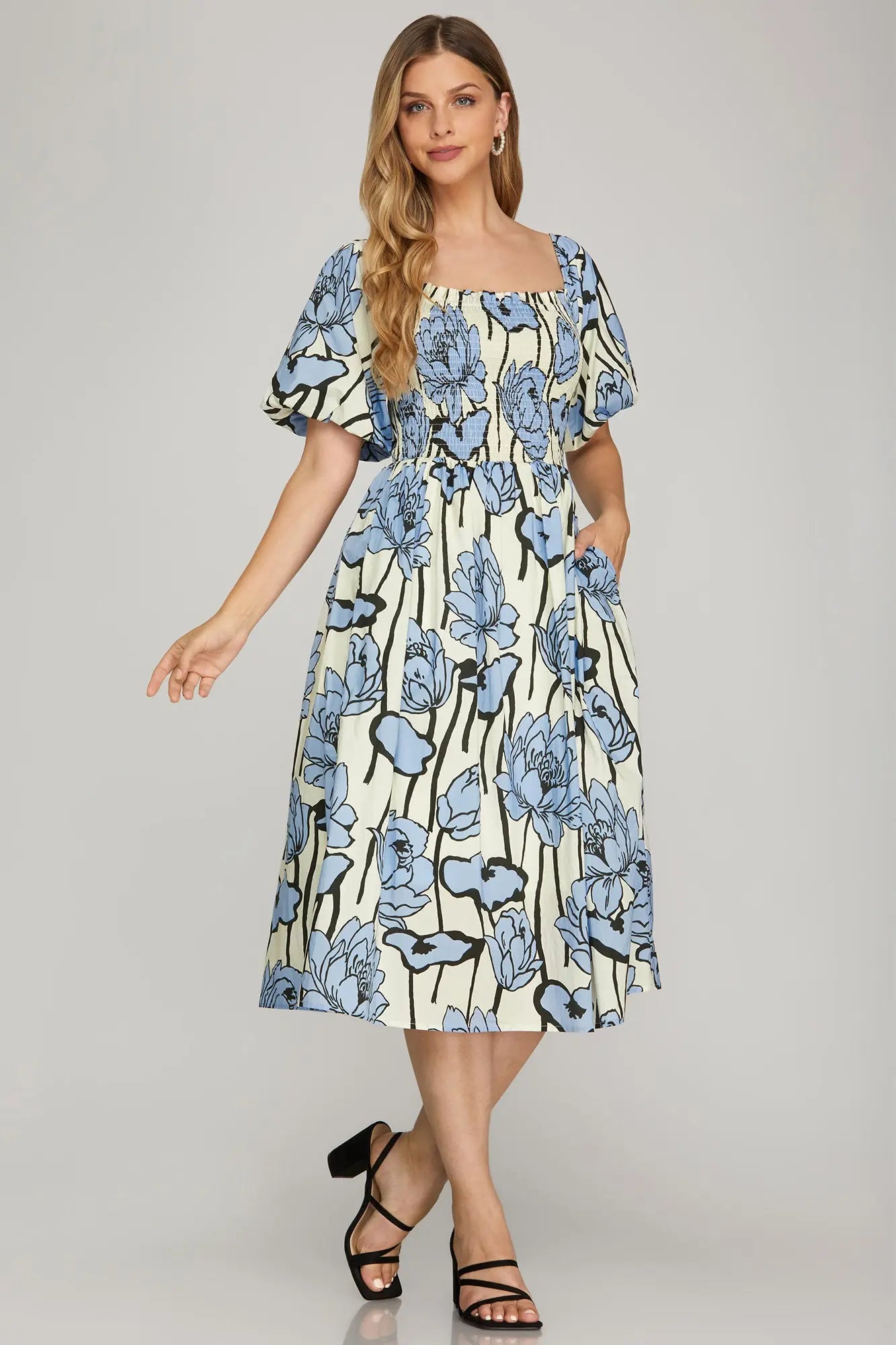 Smocked Floral Midi Dress With Pockets