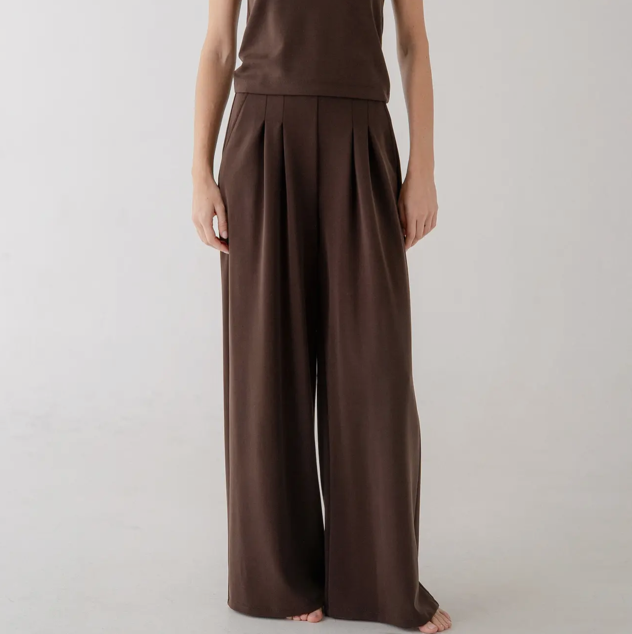 Coffee Brown Pleated Wide Leg Pants
