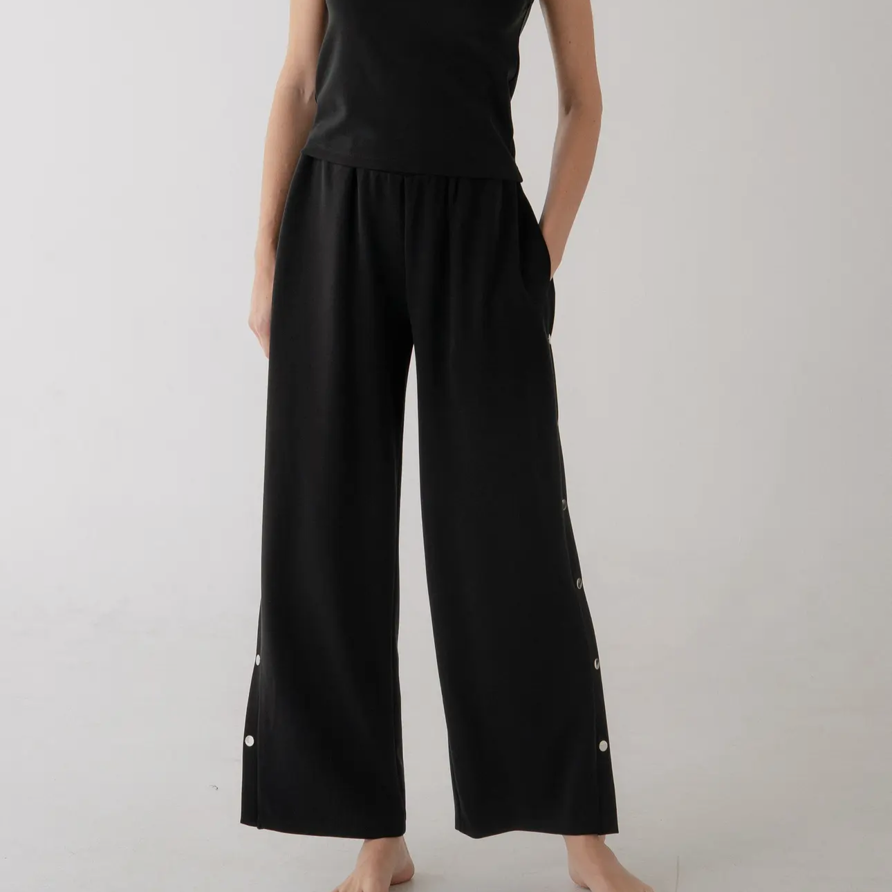 Side Metal Button Detailed Wide Leg Pants