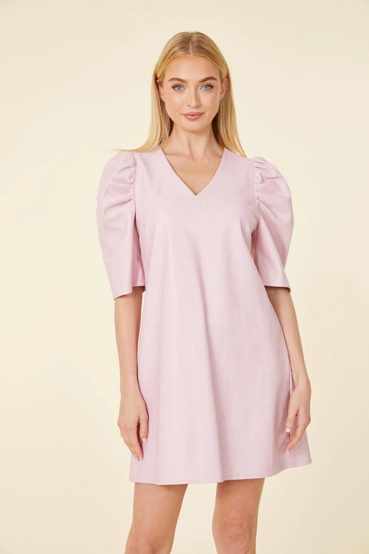 Vegan Leather V-Neck Puff Shoulder Dress