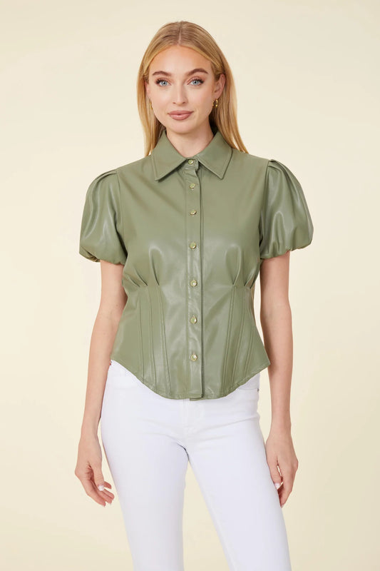 Vegan Leather Puff Sleeve Shirt
