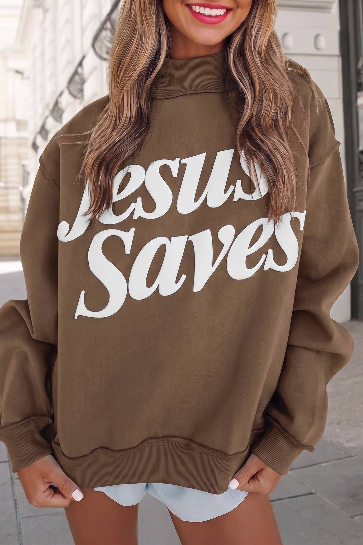 Jesus Saves Slogan Print Mock Neck Sweatshirt