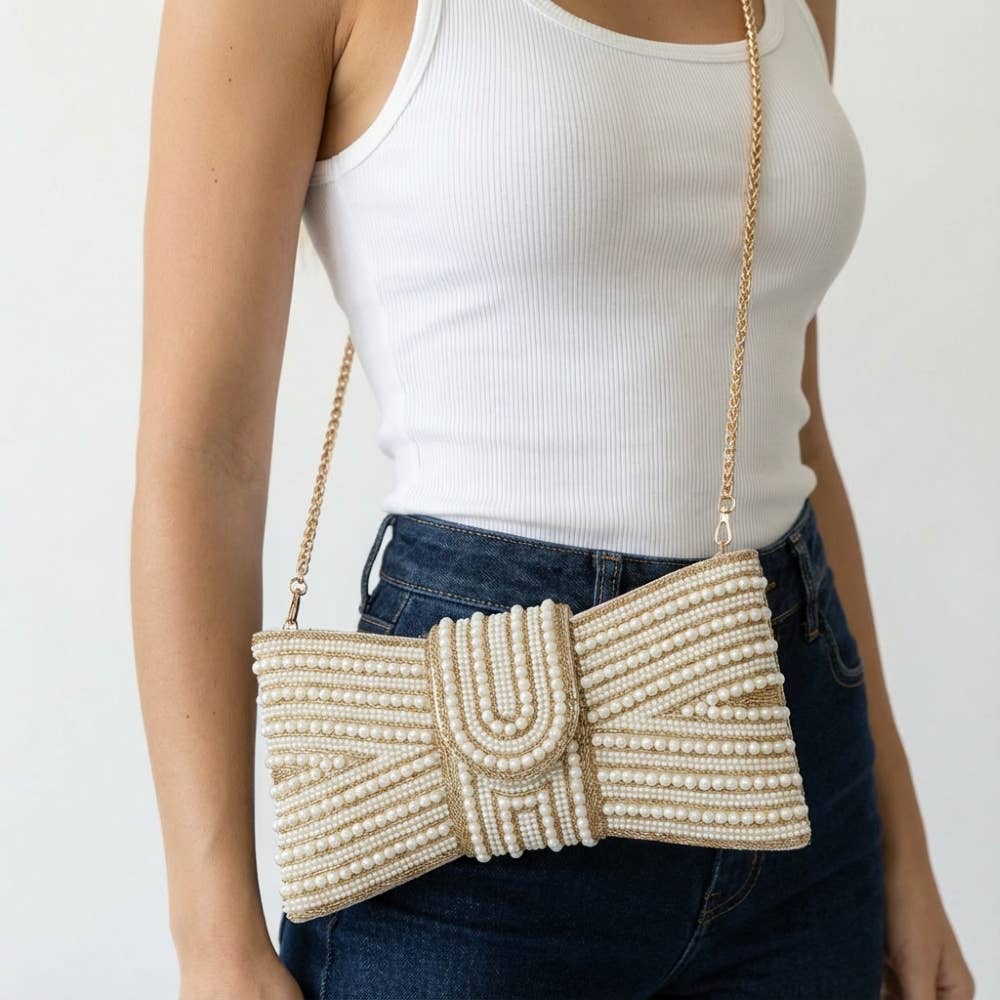 Spangle Pearl Bow Clutch Evening Bag