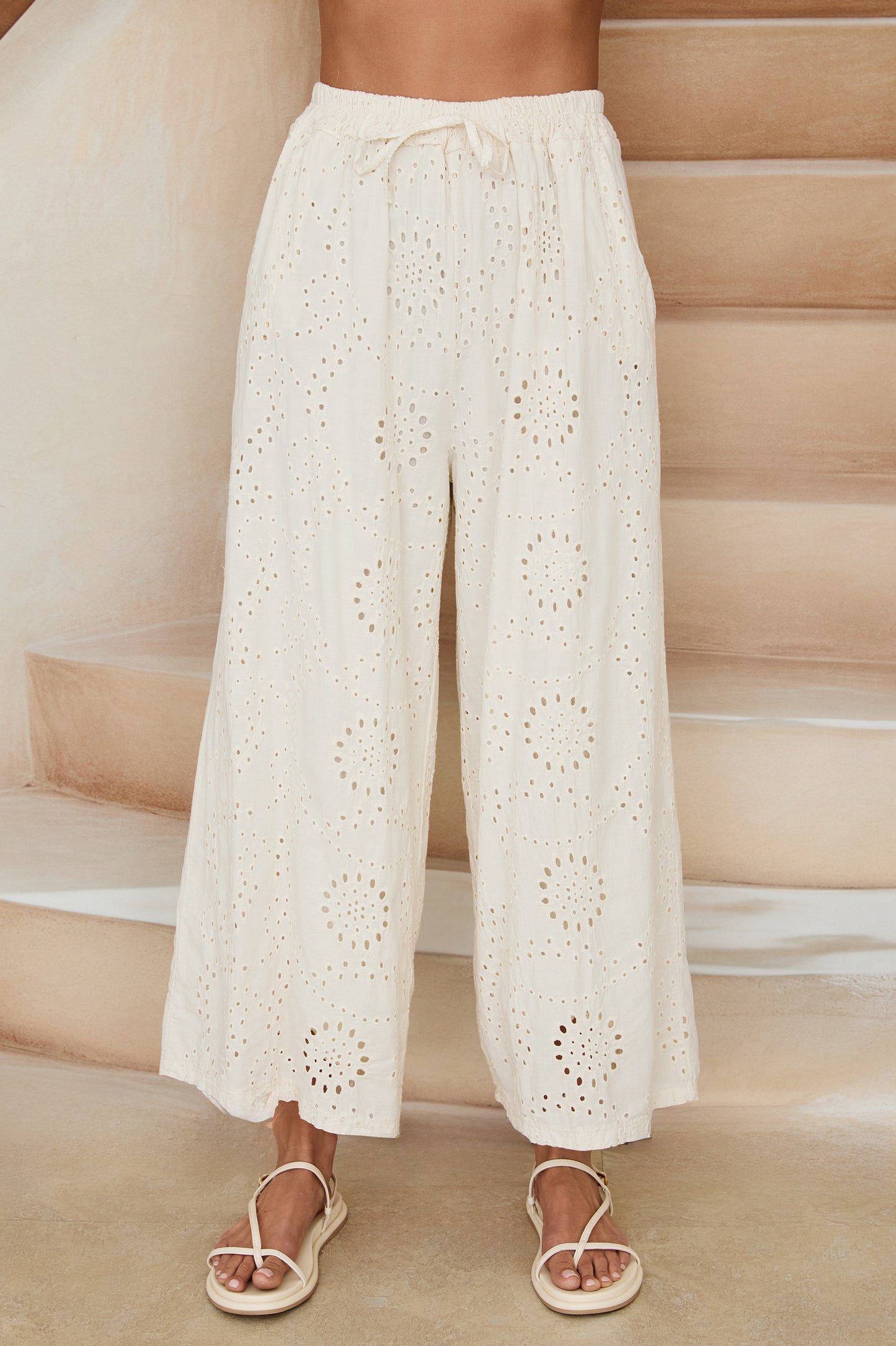 Elastic Waistband Wide Leg Eyelet Pants